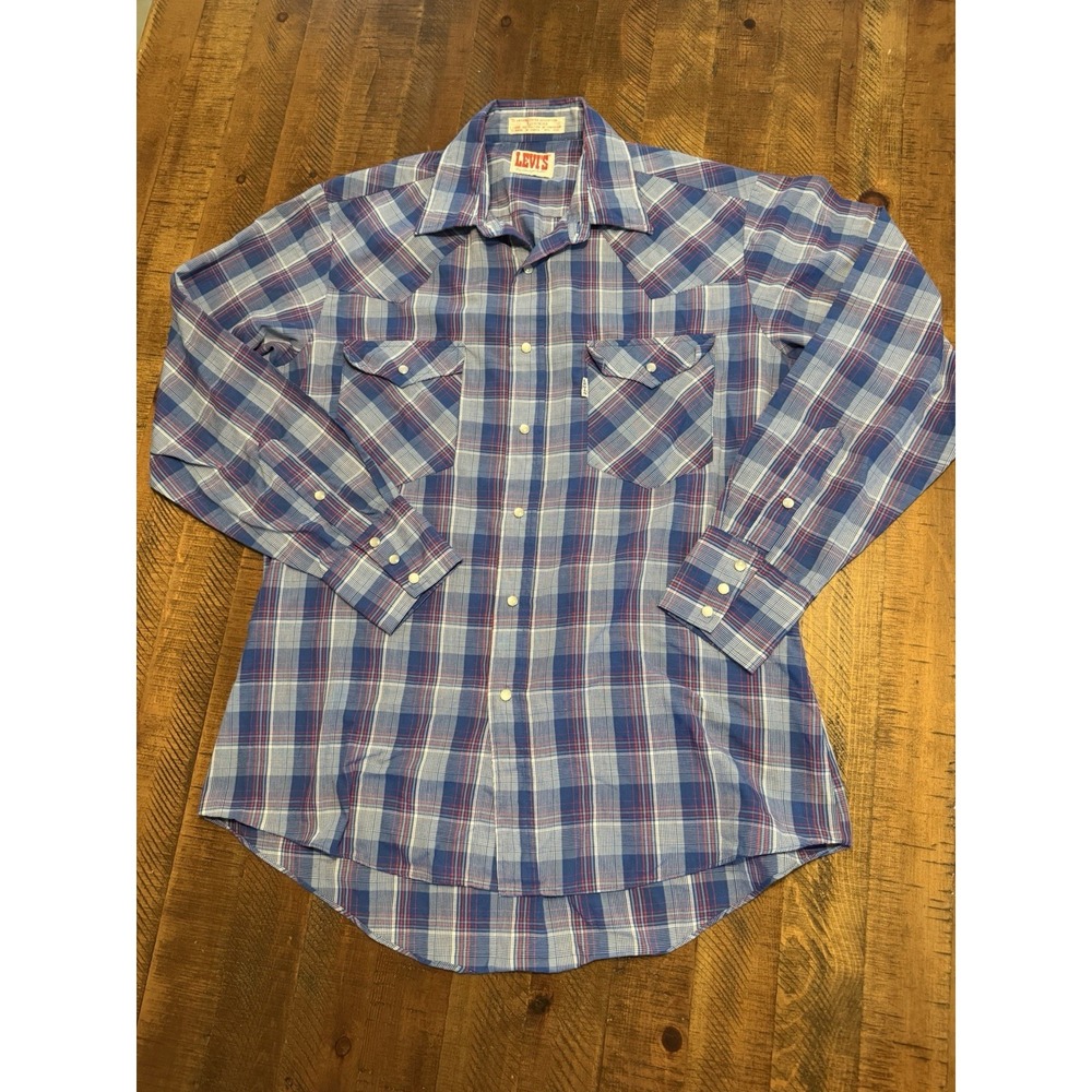 Vintage Levis Pearl Snap Shirt Mens Large Blue Plaid Long Sleeve Western Pockets